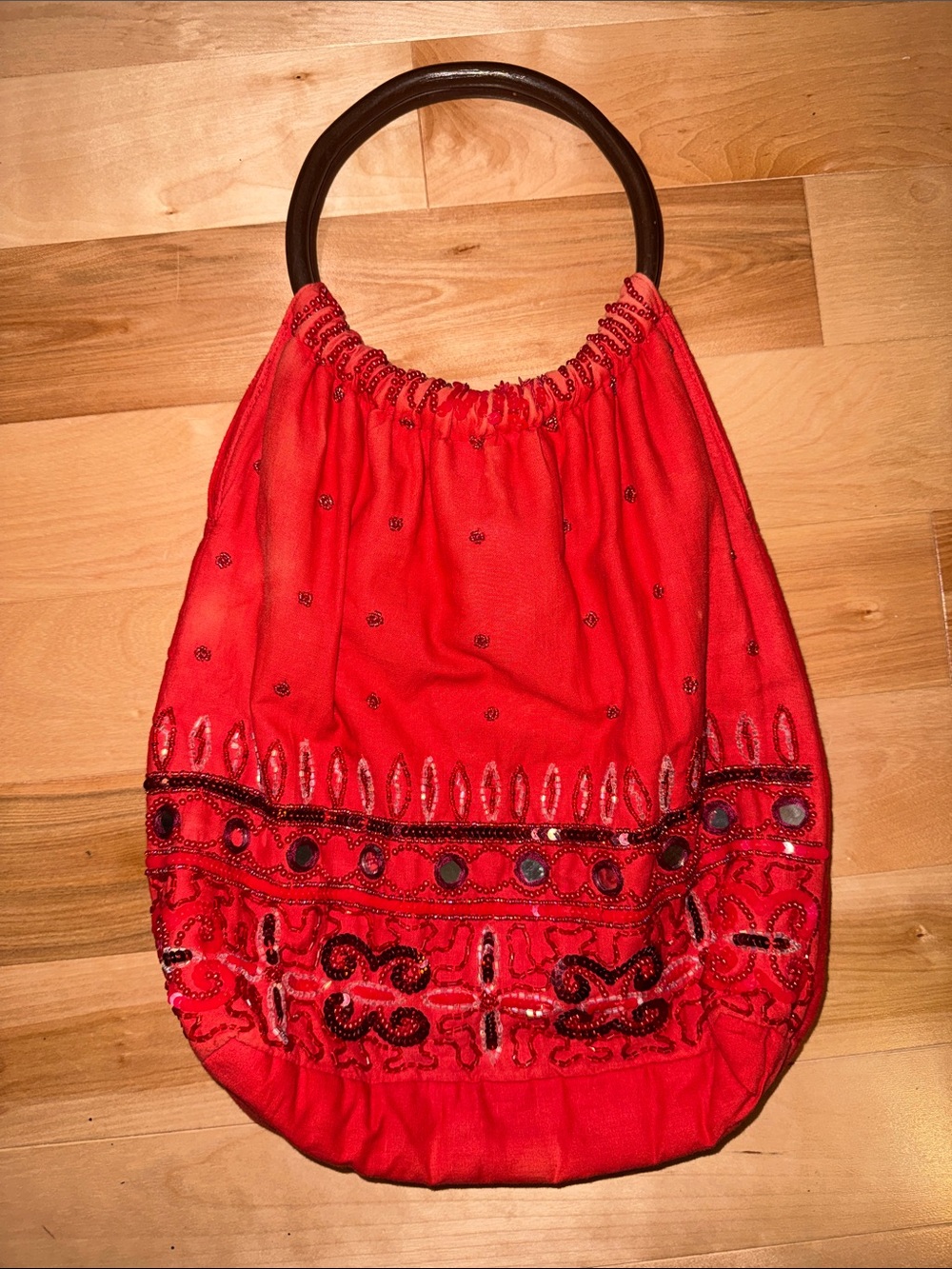 Red Embellished Boho Handbag with Wooden Handles *note discoloration in photos
